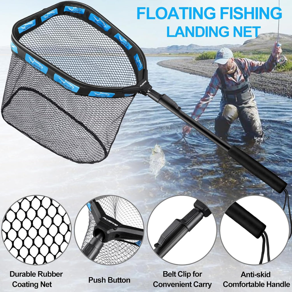 Floating Fishing Net for Steelhead, Salmon, Fly, Kayak, Catfish, Bass, Trout Fishing, Rubber Coated Foldable Landing Net with Fixed or Telescoping Pole Handle, Fishing Gear and Gifts for Men
