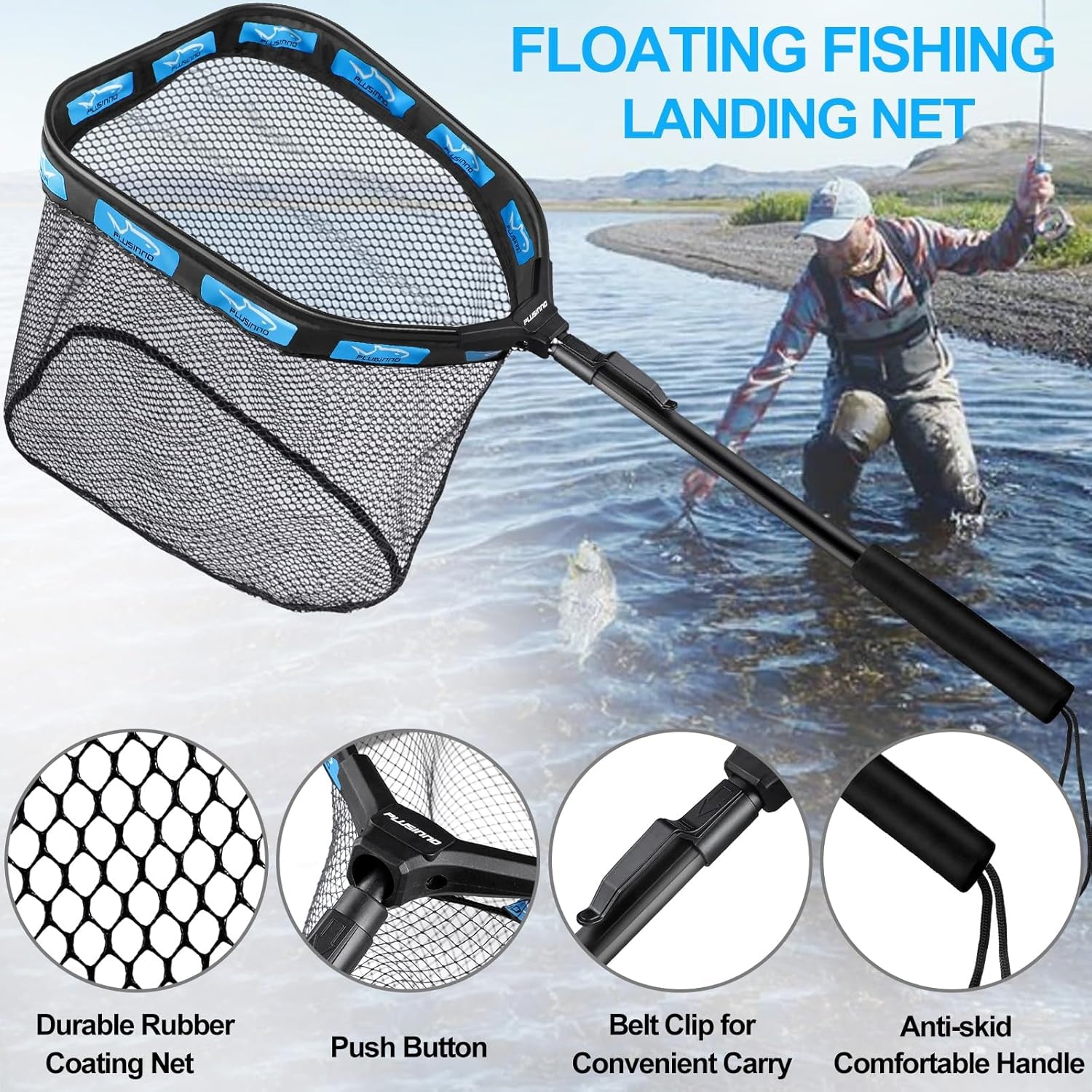 Floating Fishing Net for Steelhead, Salmon, Fly, Kayak, Catfish, Bass, Trout Fishing, Rubber Coated Foldable Landing Net with Fixed or Telescoping Pole Handle, Fishing Gear and Gifts for Men