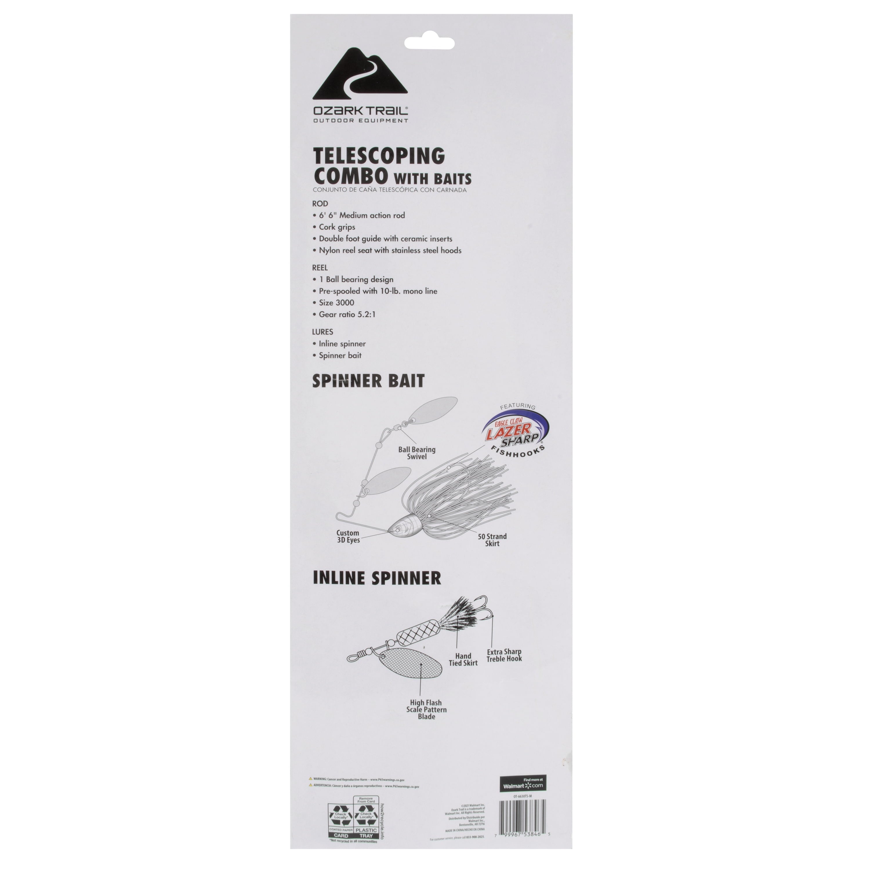 6'6" Medium Telescopic Fishing Rod and Reel Combo, Pre-Spooled, Includes Baits