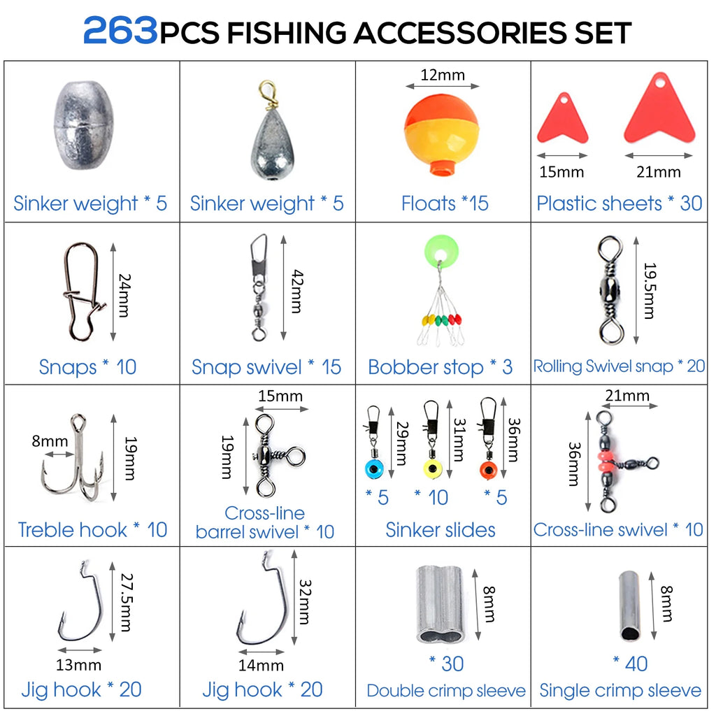 263Pcs Fishing Accessories Set with Tackle Box Including Plier Jig Hooks Weight Swivels Snaps Slides