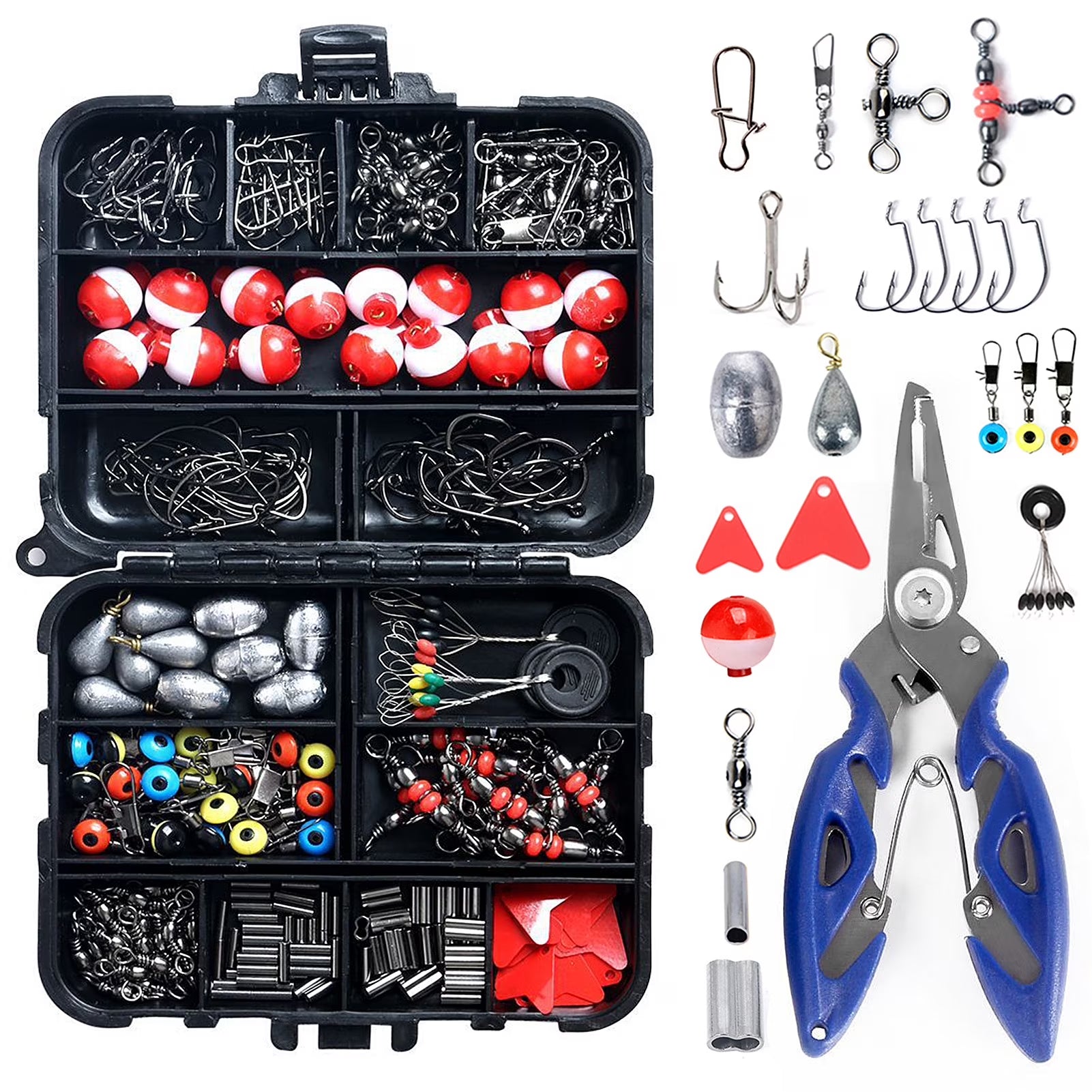263Pcs Fishing Accessories Set with Tackle Box Including Plier Jig Hooks Weight Swivels Snaps Slides