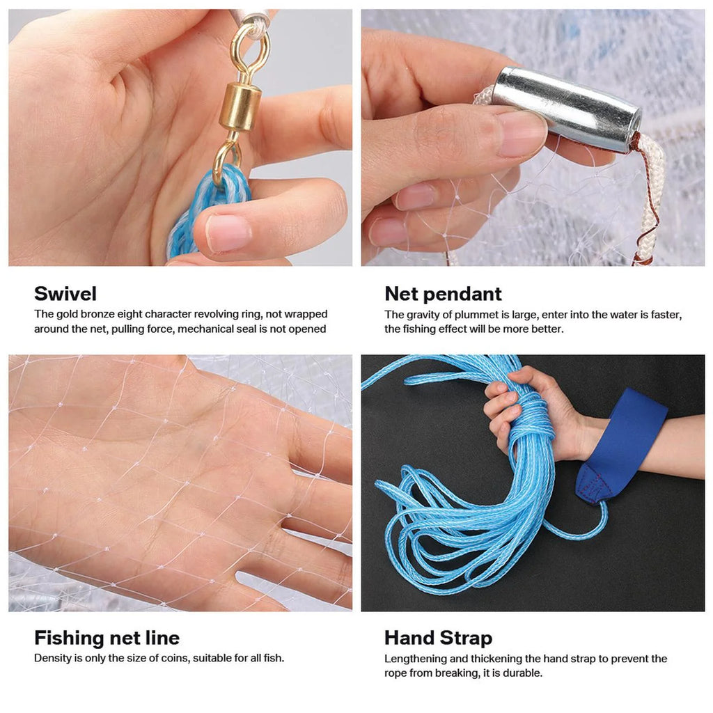 Cast Net 3/8" Mesh Hand Cast Fishing Net Saltwater Bait Casting Net 4/6/8FT Radius Size
