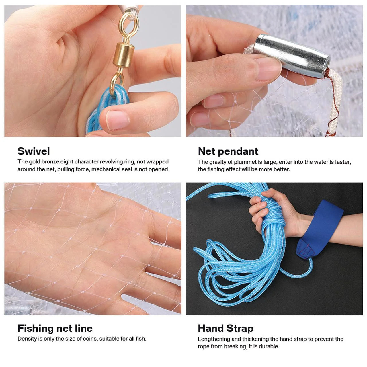 Cast Net 3/8" Mesh Hand Cast Fishing Net Saltwater Bait Casting Net 4/6/8FT Radius Size