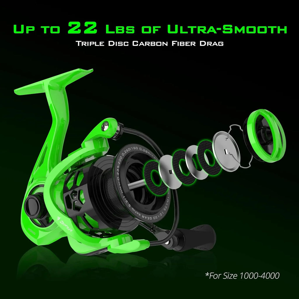 3000 Spinning Reel 5.6Oz Oversized Stainless Steel Main Shaft-Green 7+1-Zephyr Green