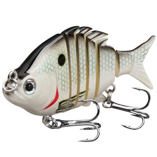 Bassdash SwimPanfish 2.5”/0.34oz Hard Bluegill Swimbaits Multi Jointed Topwater Trout Bass Fishing Crank Lure for Freshwater and Saltwater - White Shad