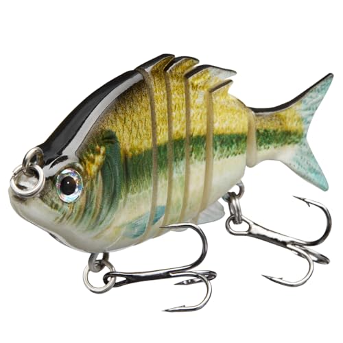 Bassdash SwimPanfish 2.5”/0.34oz Hard Bluegill Swimbaits Multi Jointed Topwater Trout Bass Fishing Crank Lure for Freshwater and Saltwater - Emerald Shiner