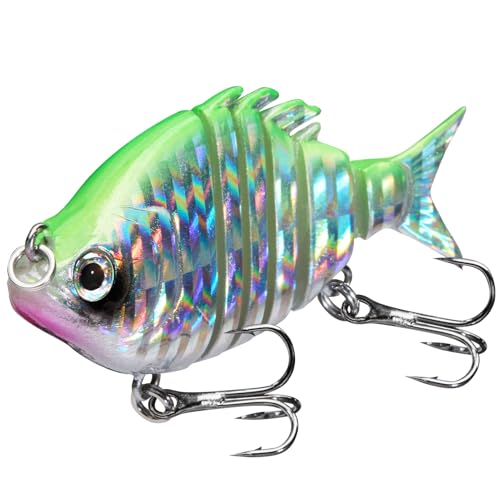 Bassdash SwimPanfish 2.5”/0.34oz Hard Bluegill Swimbaits Multi Jointed Topwater Trout Bass Fishing Crank Lure for Freshwater and Saltwater - Green/Silver