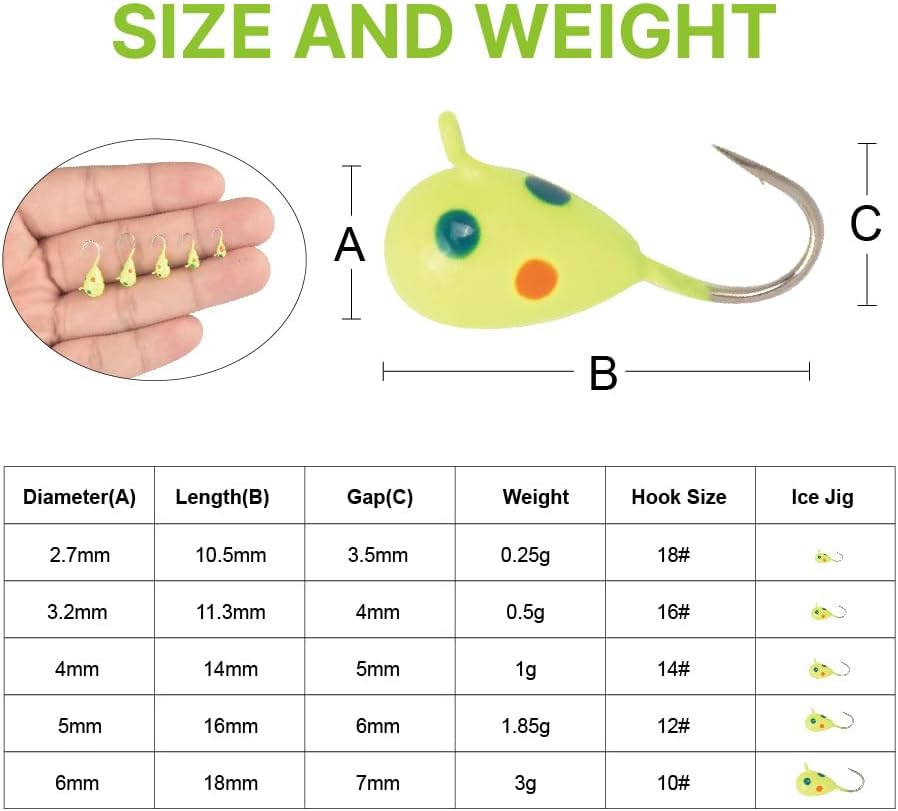10Pack Tungsten Ice Fishing Jigs, Glow Tungsten Jigs for Panfish Teardrop Ice Jigs Tungsten, 2.7/3.2/4/5/6/7mm
