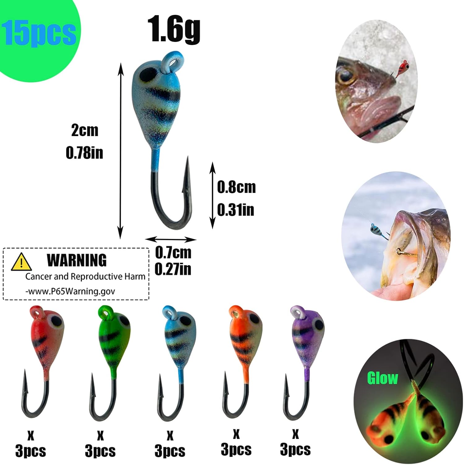 15 Pcs Ice Fishing Jigs for Panfish Walleye Sunfish Winter Ice Jigging Tackle Accessories Box Colorful Lead Jig Heads Glow Jigs for Ice Fishing