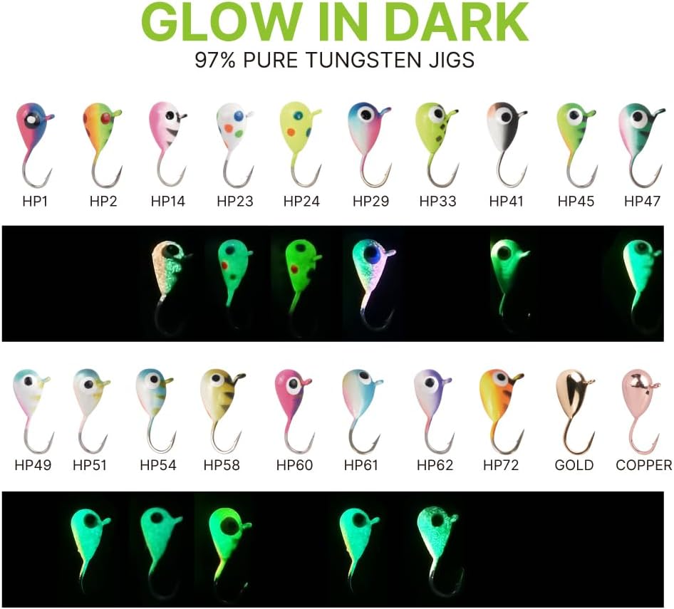 10Pack Tungsten Ice Fishing Jigs, Glow Tungsten Jigs for Panfish Teardrop Ice Jigs Tungsten, 2.7/3.2/4/5/6/7mm