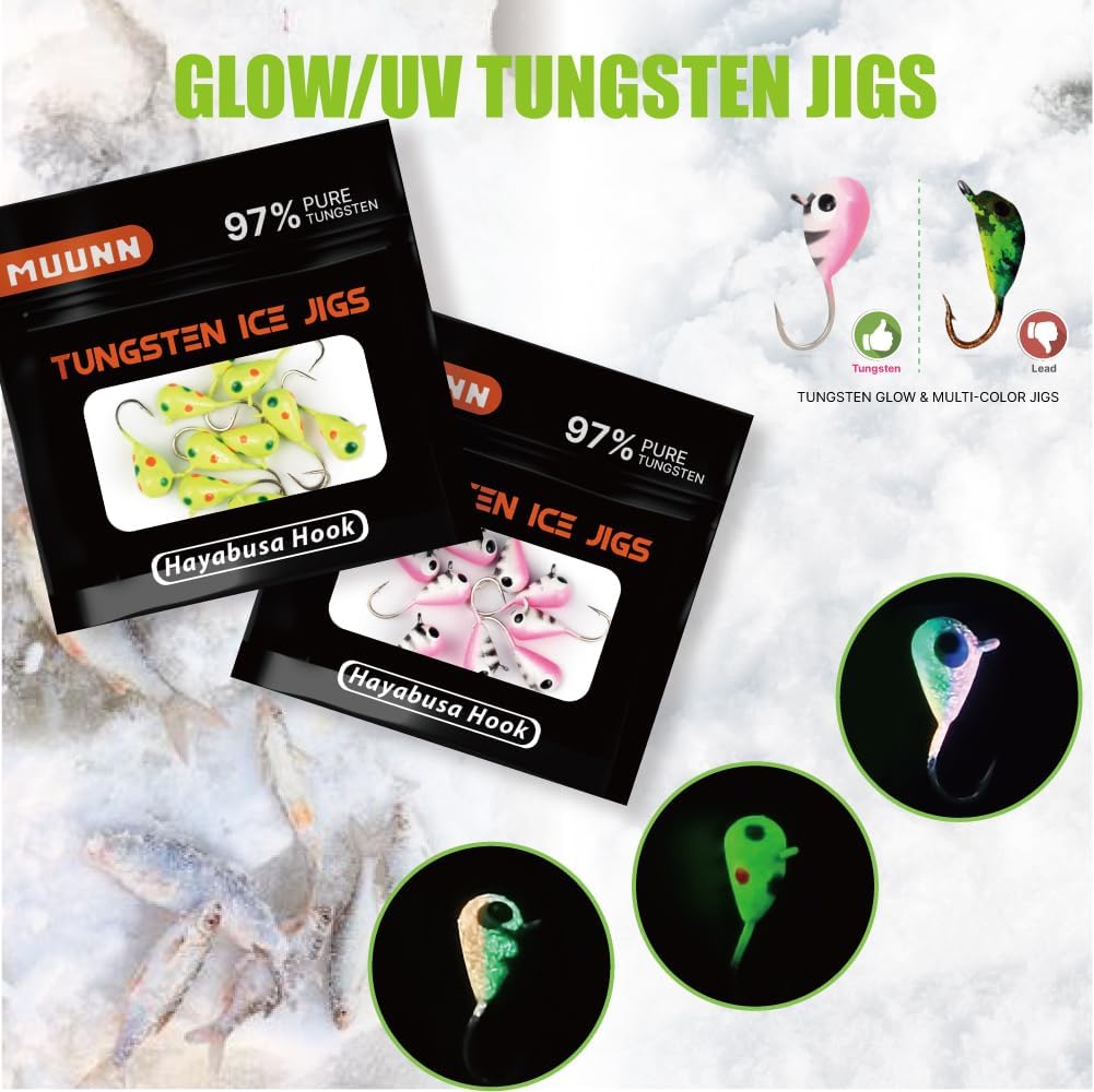 10Pack Tungsten Ice Fishing Jigs, Glow Tungsten Jigs for Panfish Teardrop Ice Jigs Tungsten, 2.7/3.2/4/5/6/7mm