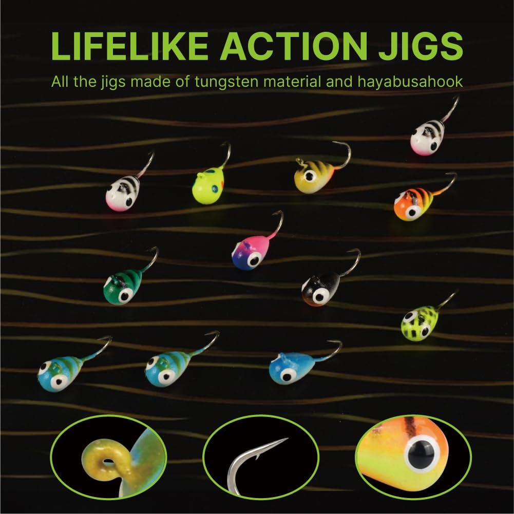 10Pack Tungsten Ice Fishing Jigs, Glow Tungsten Jigs for Panfish Teardrop Ice Jigs Tungsten, 2.7/3.2/4/5/6/7mm