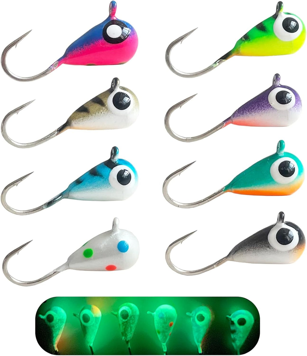 8pcs Tungsten Ice Fishing Jigs Set Sensitive Tear Drop Ice Fishing Jig Head Glow in Dark Ice Fishing Lures for Panfish Crappie Bluegill Walleye