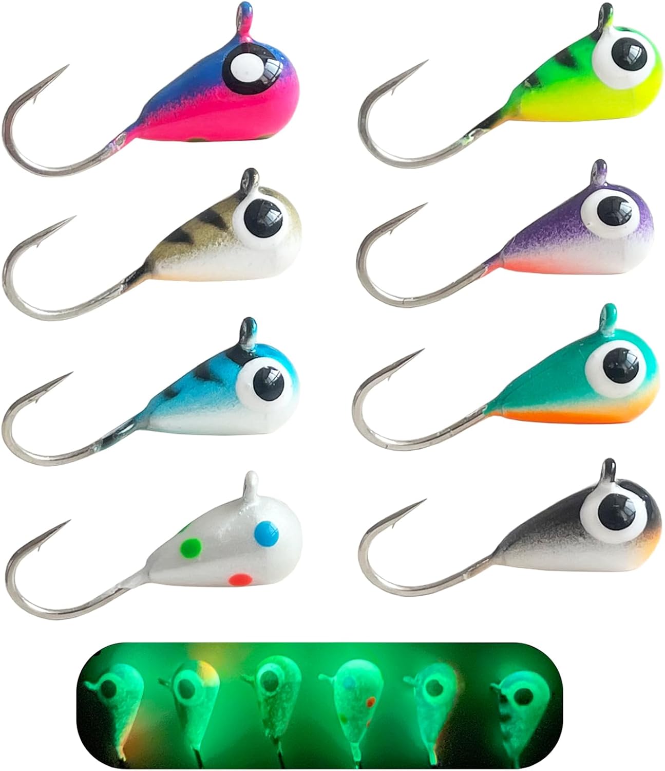 8pcs Tungsten Ice Fishing Jigs Set Sensitive Tear Drop Ice Fishing Jig Head Glow in Dark Ice Fishing Lures for Panfish Crappie Bluegill Walleye
