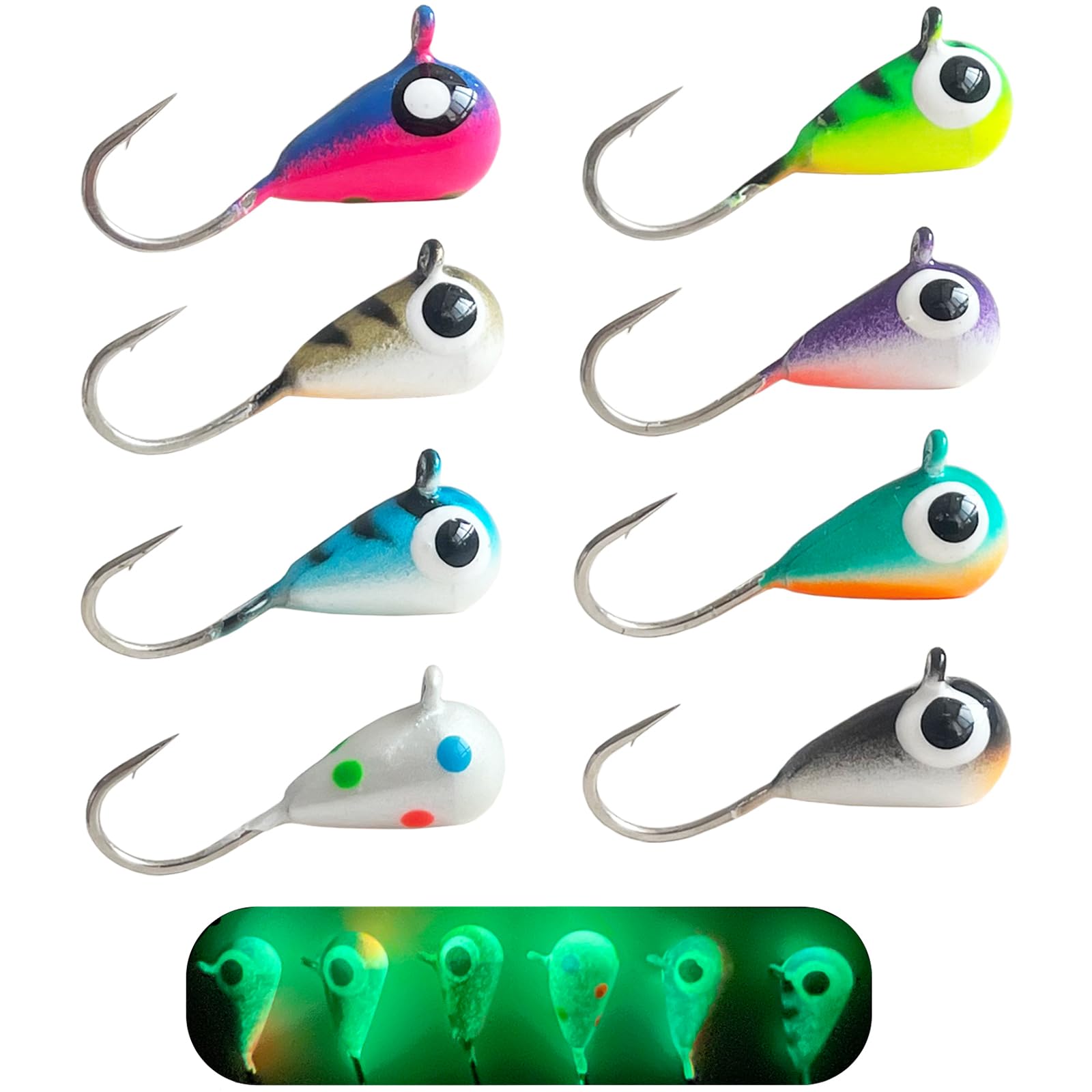8pcs Tungsten Ice Fishing Jigs Set Sensitive Tear Drop Ice Fishing Jig Head Glow in Dark Ice Fishing Lures for Panfish Crappie Bluegill Walleye