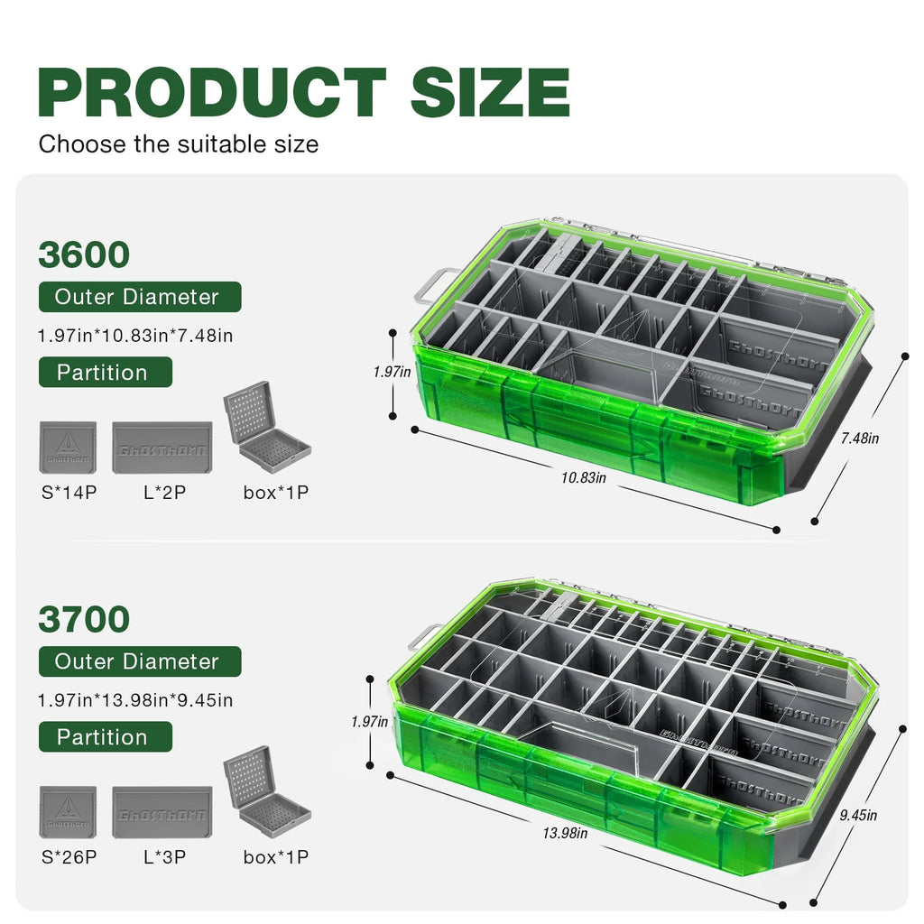 Ghosthor Plastic Fishing Tackle Box Organizer,Waterproof 3600 and 3700 Tackle Trays with Removable Partition,Fishing Lures/Bait/Gear Storage, 3600 1Pc