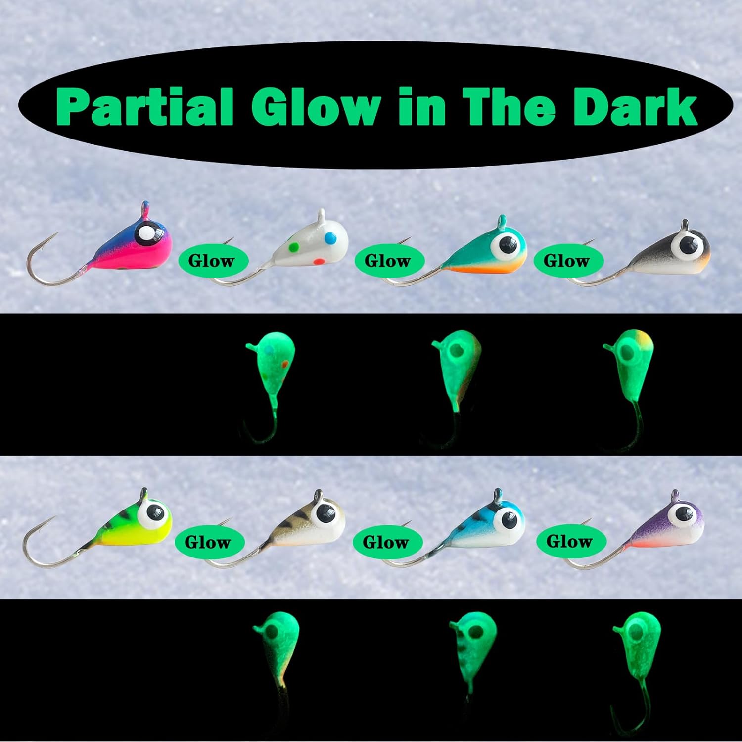 8pcs Tungsten Ice Fishing Jigs Set Sensitive Tear Drop Ice Fishing Jig Head Glow in Dark Ice Fishing Lures for Panfish Crappie Bluegill Walleye