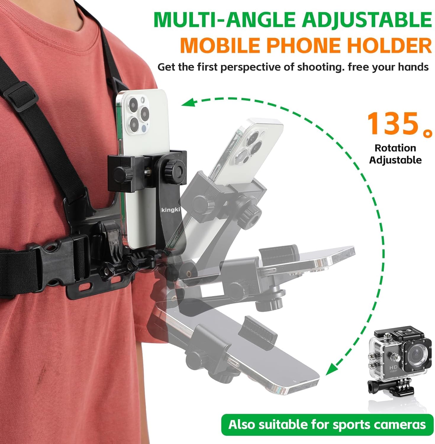KINGKI Mobile Phone Chest Strap Harness Mount Head Strap Holder Kit for POV/VLOG,Cell Phone Clip Compatible with iPhone,Samsung,GoPro Hero 12, 11,10, 9, 8, AKASO,DJI Osmo,and Action Cameras…