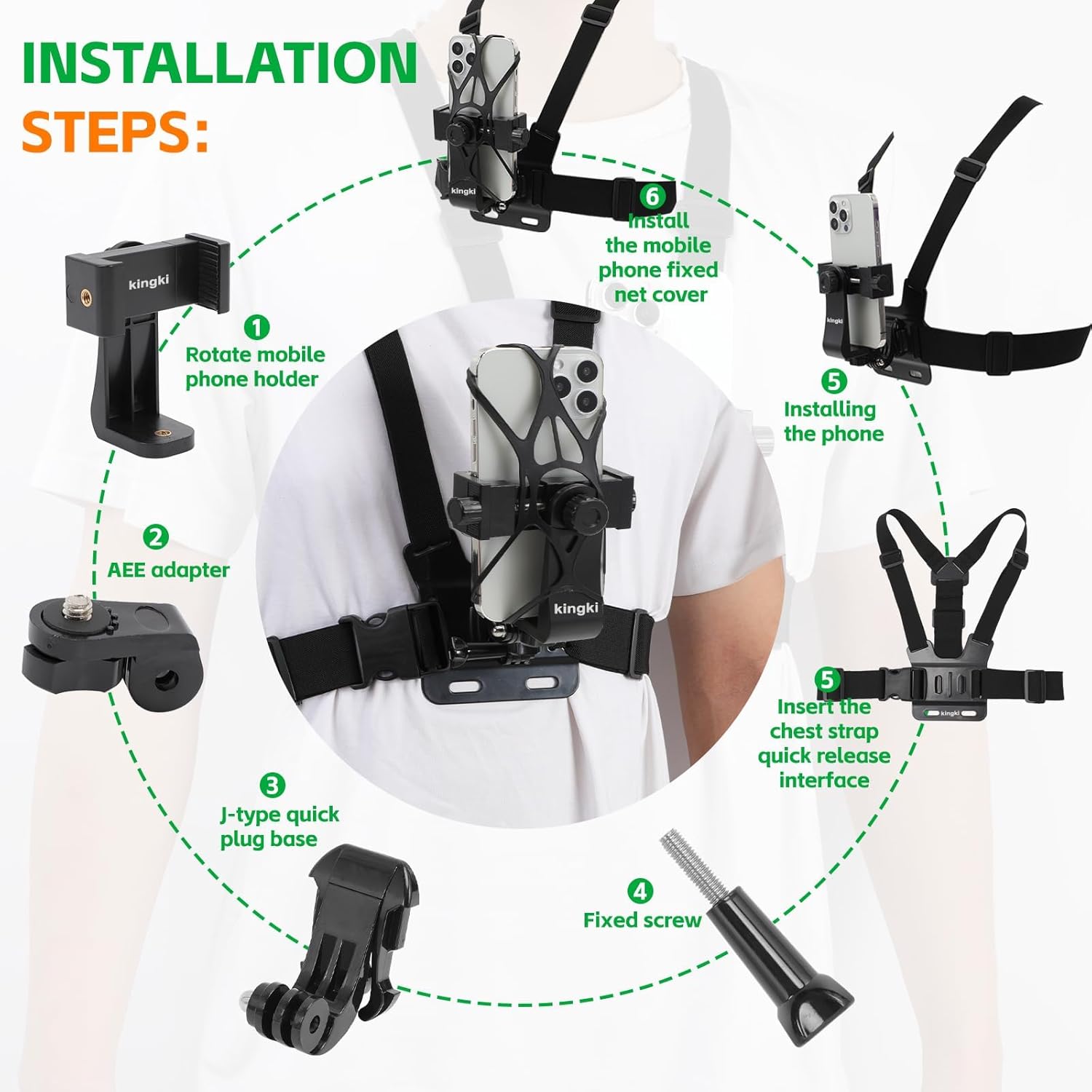 KINGKI Mobile Phone Chest Strap Harness Mount Head Strap Holder Kit for POV/VLOG,Cell Phone Clip Compatible with iPhone,Samsung,GoPro Hero 12, 11,10, 9, 8, AKASO,DJI Osmo,and Action Cameras…