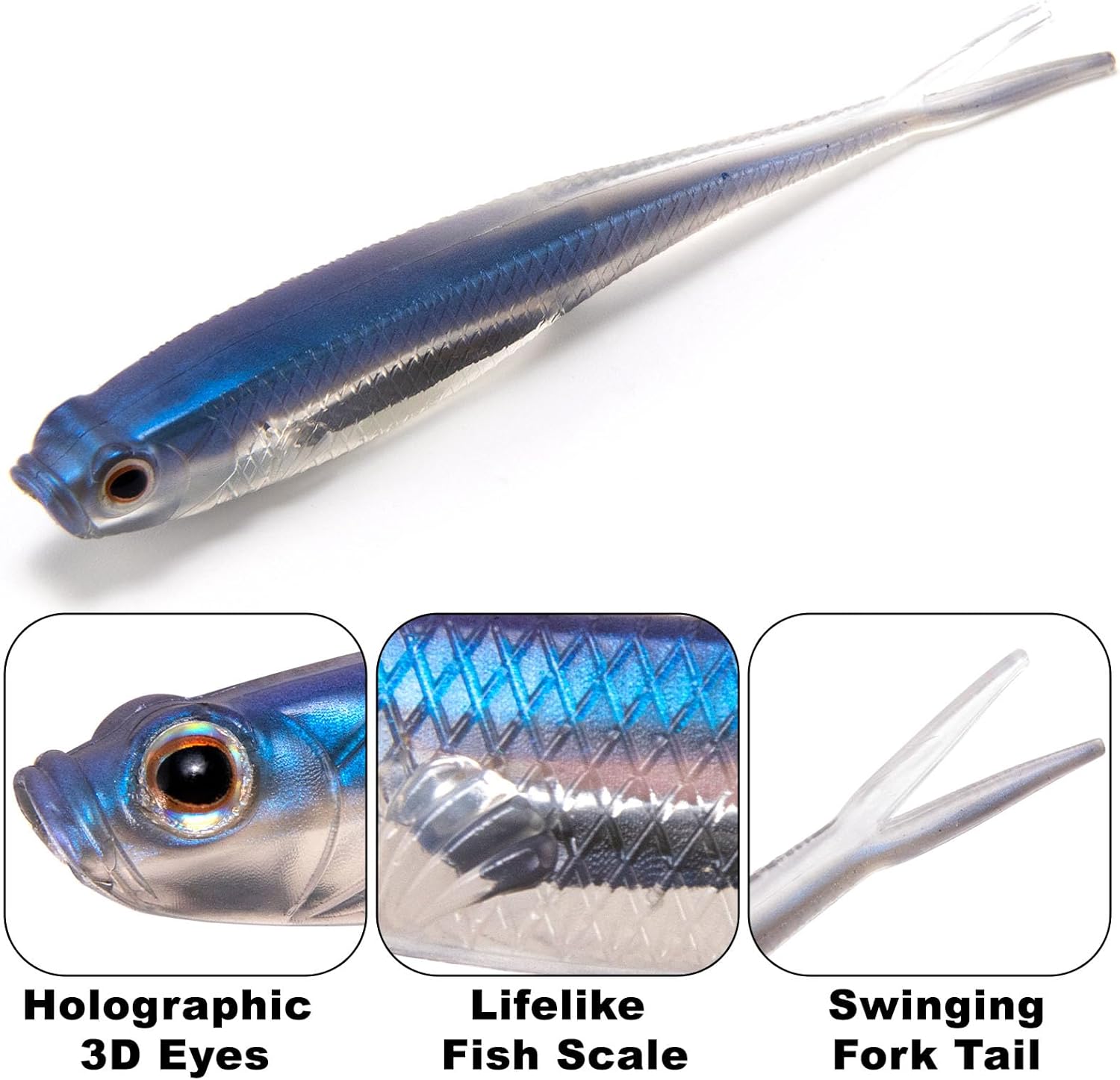 Dr.Fish Soft Plastic Baits, Fork Tail Soft Jerkbait Minnow Lures, 3 to 4-3/4 Inches Soft Swimbaits Jerk Shad Baits Crappie Bass Fishing Lures
