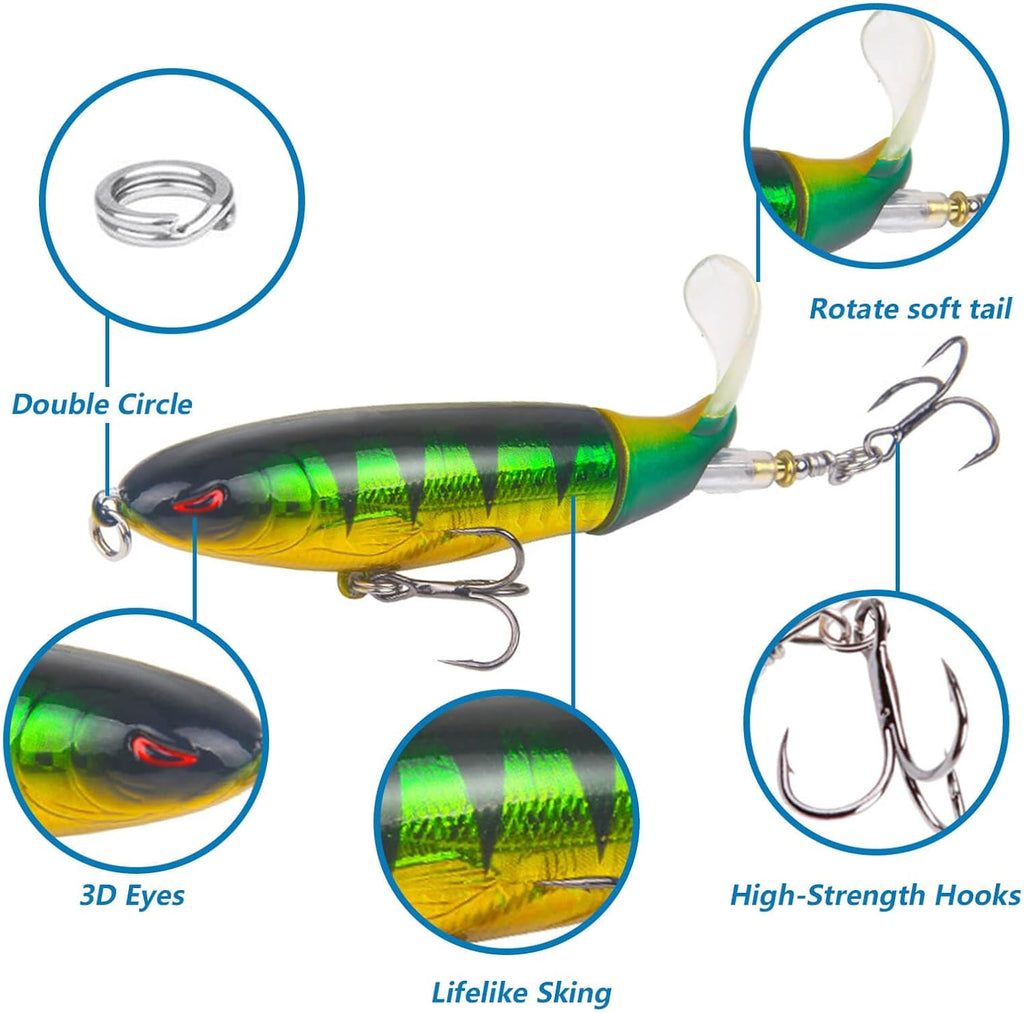 10Pcs Whopper Fishing Lure for Bass Popper Top Water Fishing Lures with Floating Rotating Tail Barb Treble Hooks in Saltwater Freshwater Plopping Lures Kit