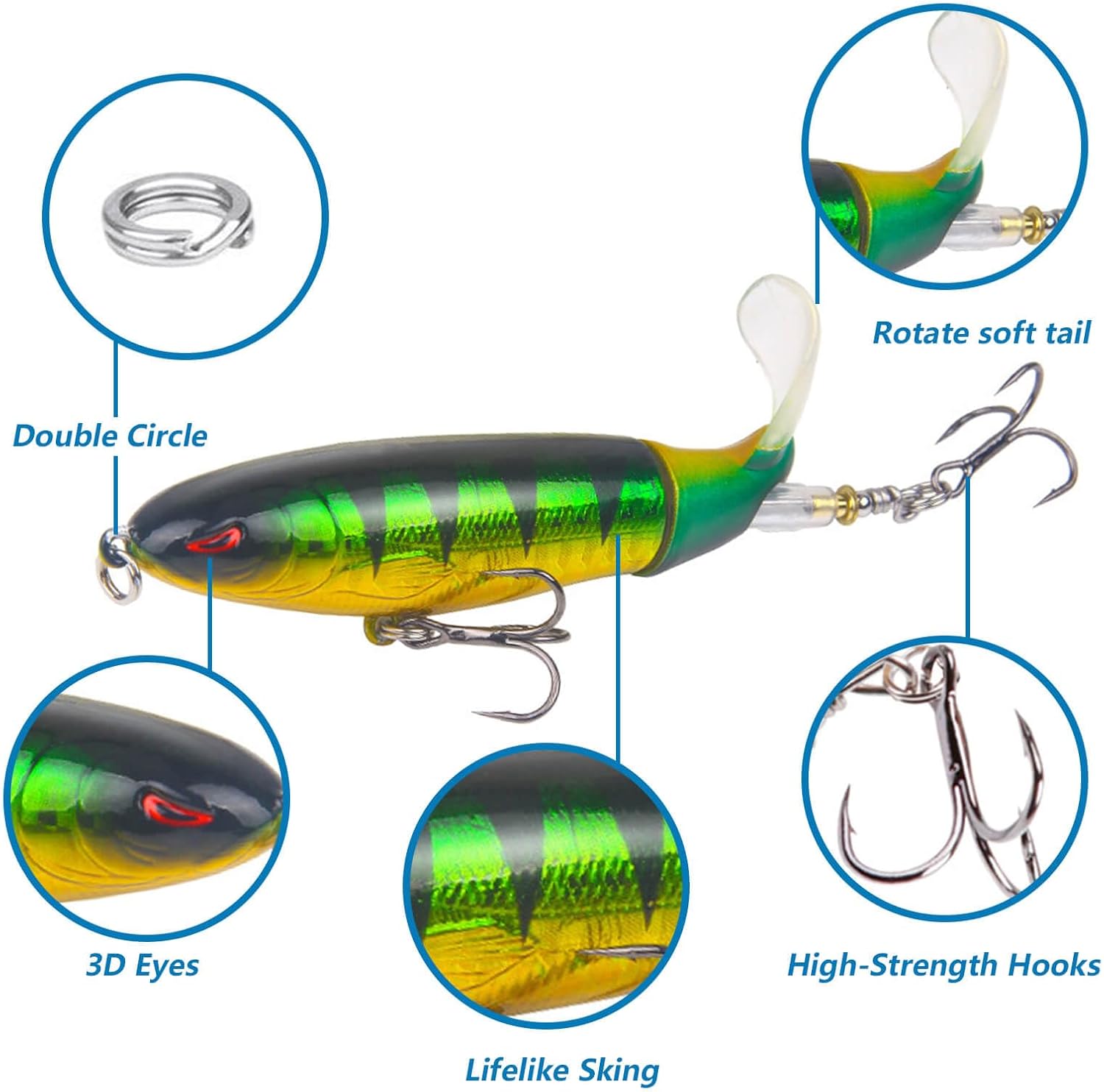 10Pcs Whopper Fishing Lure for Bass Popper Top Water Fishing Lures with Floating Rotating Tail Barb Treble Hooks in Saltwater Freshwater Plopping Lures Kit