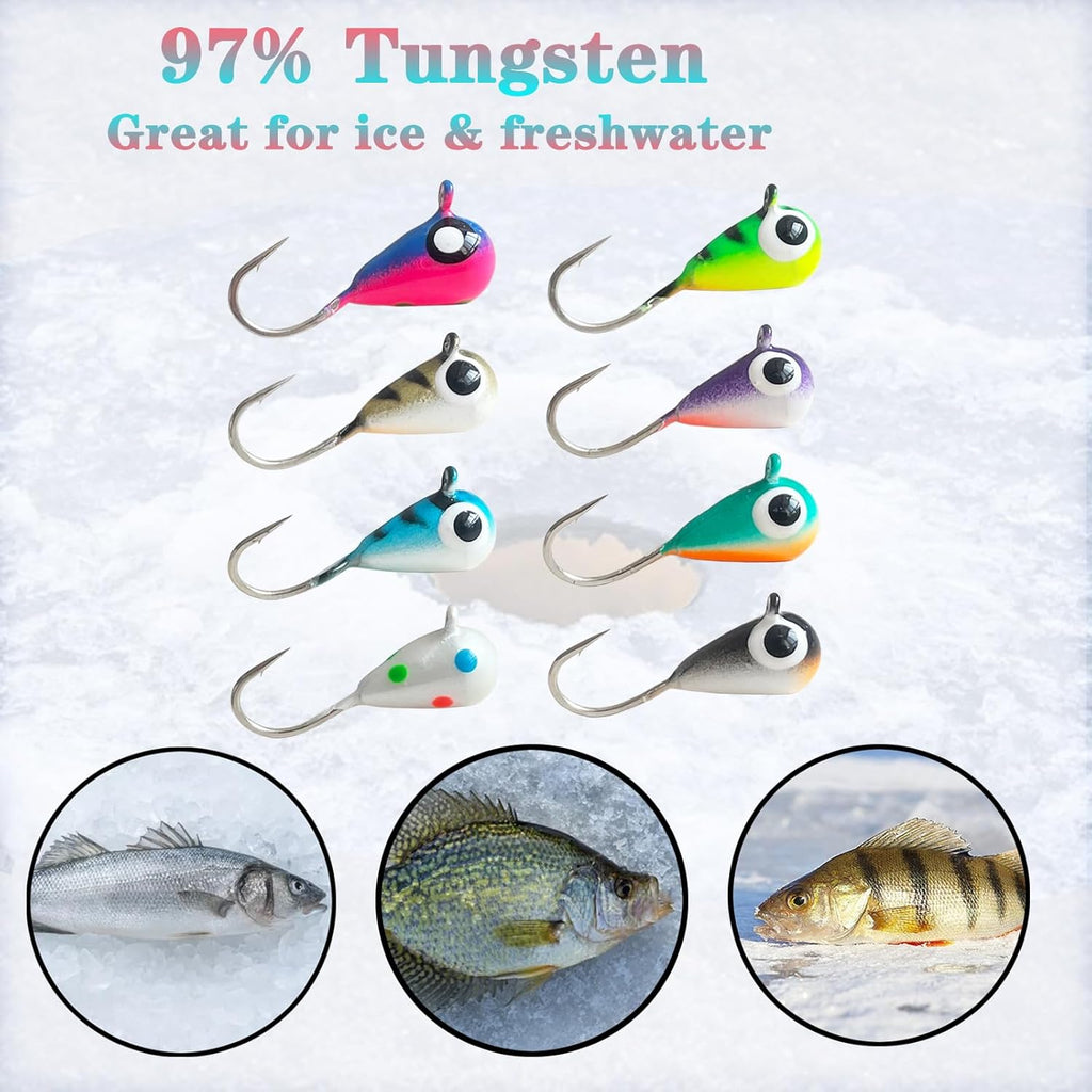8pcs Tungsten Ice Fishing Jigs Set Sensitive Tear Drop Ice Fishing Jig Head Glow in Dark Ice Fishing Lures for Panfish Crappie Bluegill Walleye