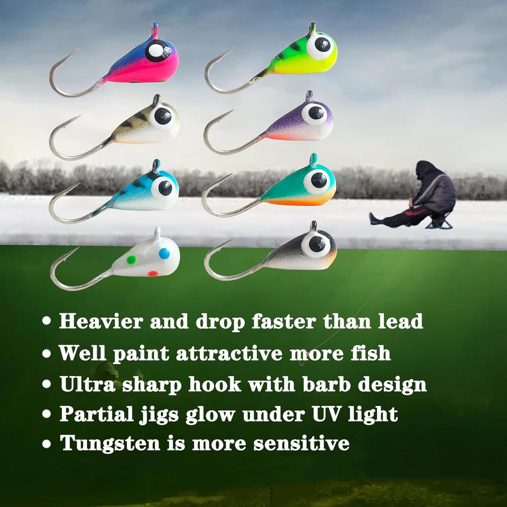 8pcs Tungsten Ice Fishing Jigs Set Sensitive Tear Drop Ice Fishing Jig Head Glow in Dark Ice Fishing Lures for Panfish Crappie Bluegill Walleye