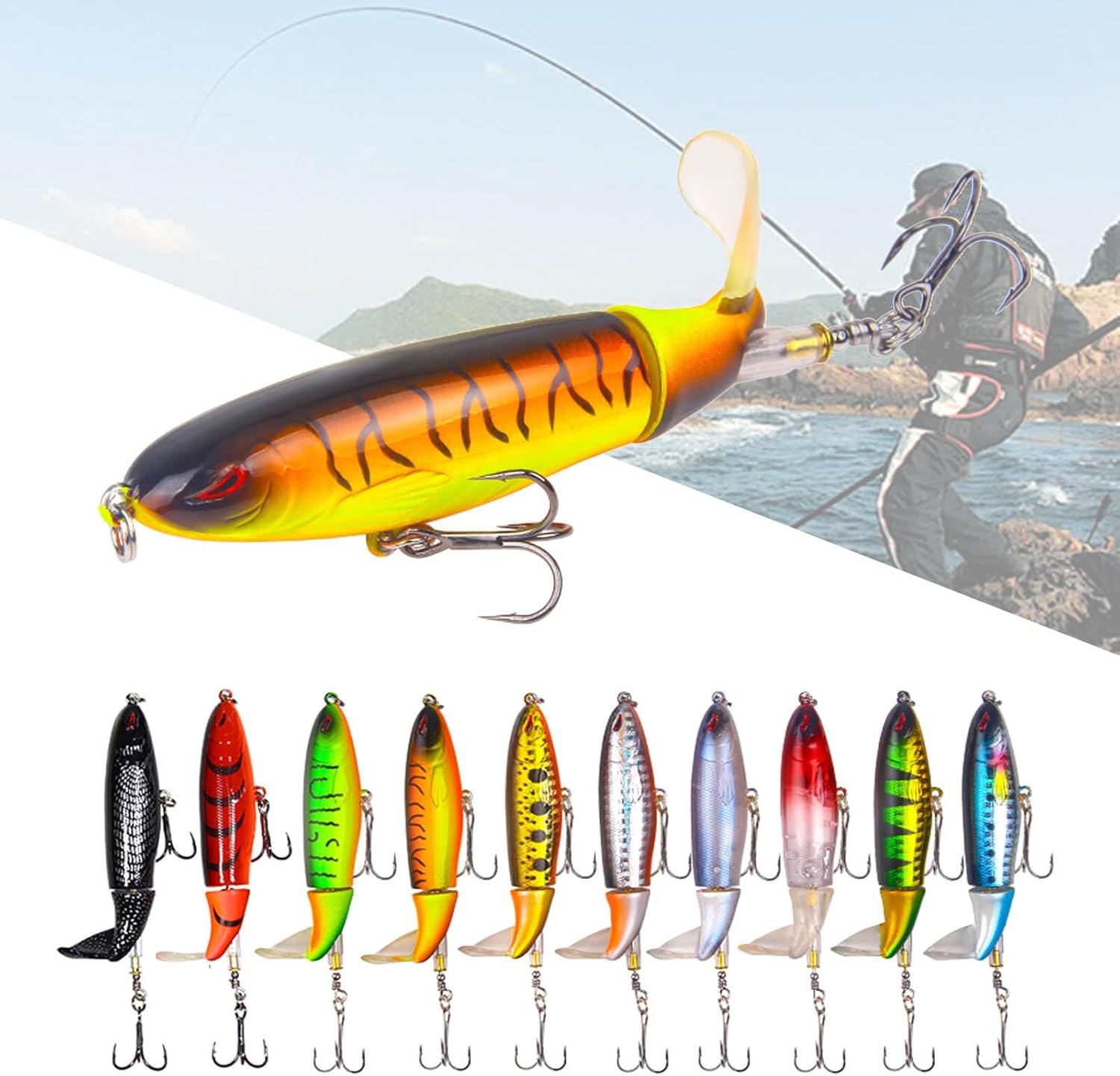 10Pcs Whopper Fishing Lure for Bass Popper Top Water Fishing Lures with Floating Rotating Tail Barb Treble Hooks in Saltwater Freshwater Plopping Lures Kit