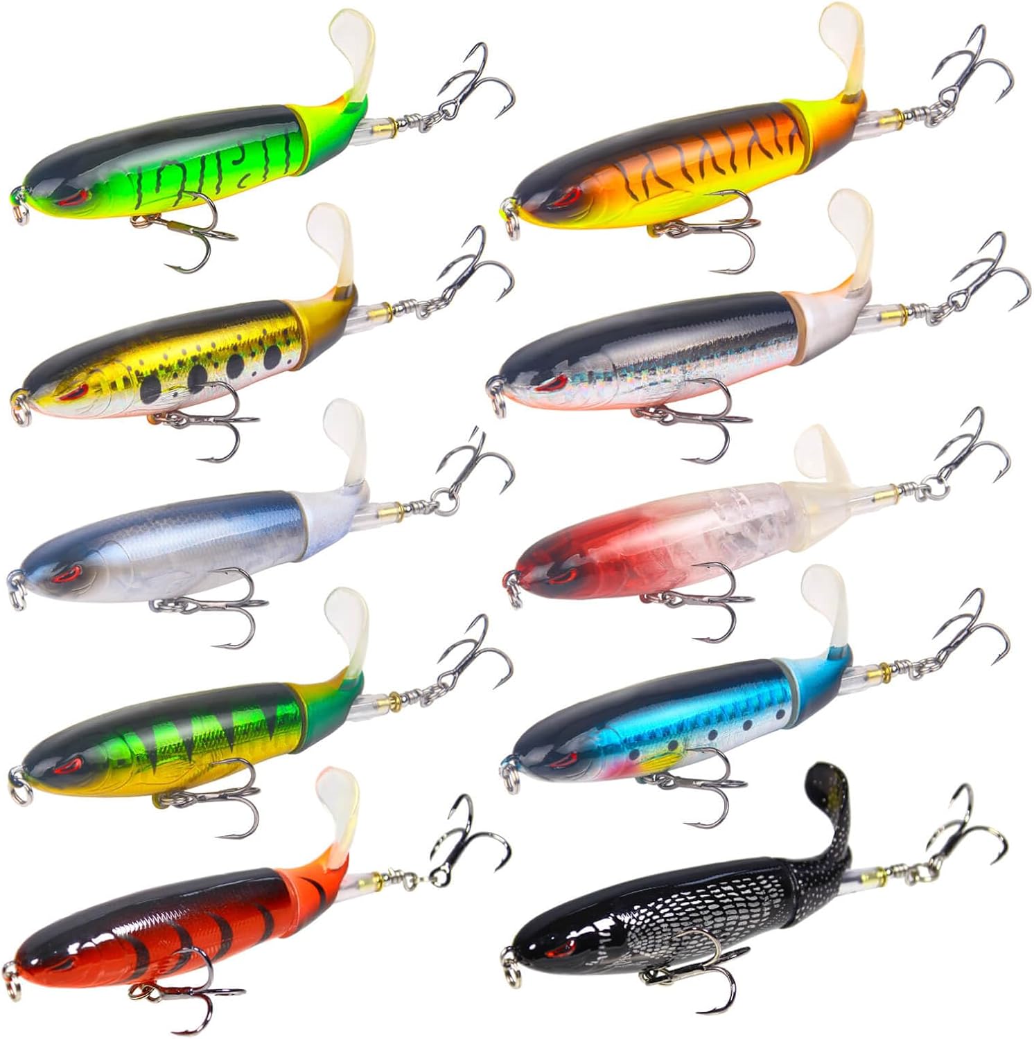 10Pcs Whopper Fishing Lure for Bass Popper Top Water Fishing Lures with Floating Rotating Tail Barb Treble Hooks in Saltwater Freshwater Plopping Lures Kit