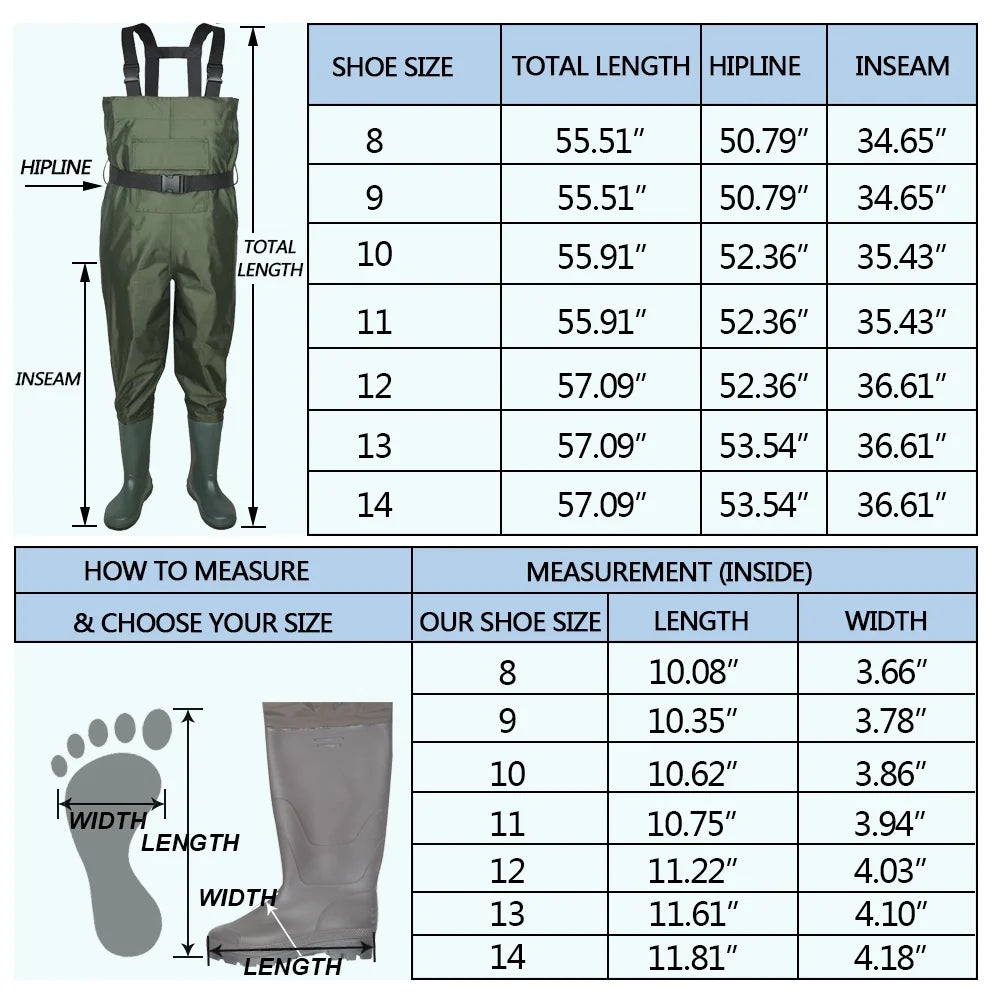 Nylon PVC Fishing Chest Waders Breathable Waterproof W/ Wading Boots Army Green