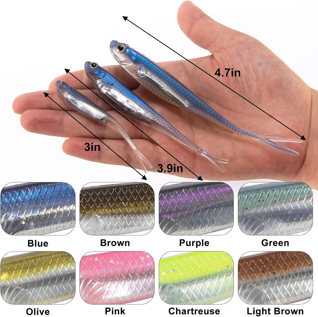 Dr.Fish Soft Plastic Baits, Fork Tail Soft Jerkbait Minnow Lures, 3 to 4-3/4 Inches Soft Swimbaits Jerk Shad Baits Crappie Bass Fishing Lures
