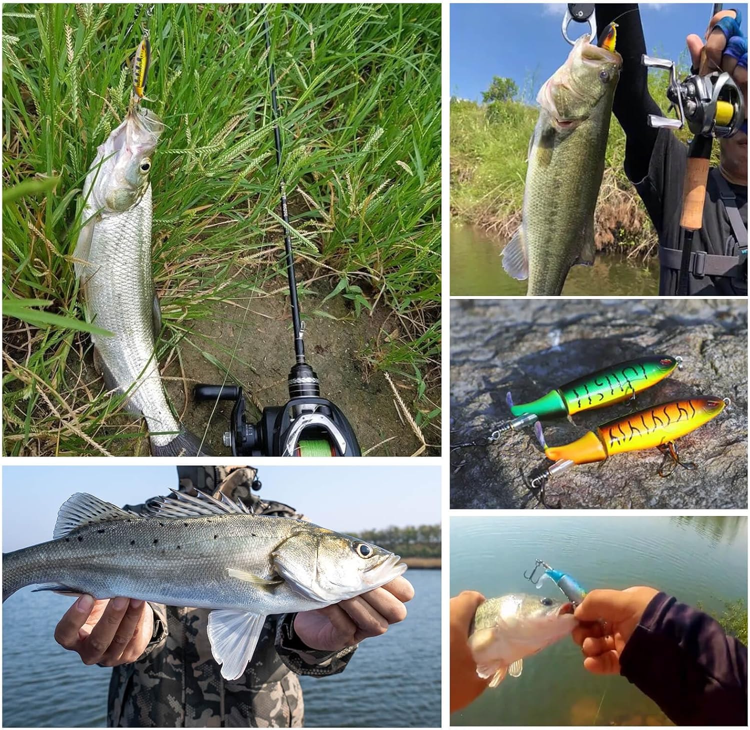 10Pcs Whopper Fishing Lure for Bass Popper Top Water Fishing Lures with Floating Rotating Tail Barb Treble Hooks in Saltwater Freshwater Plopping Lures Kit