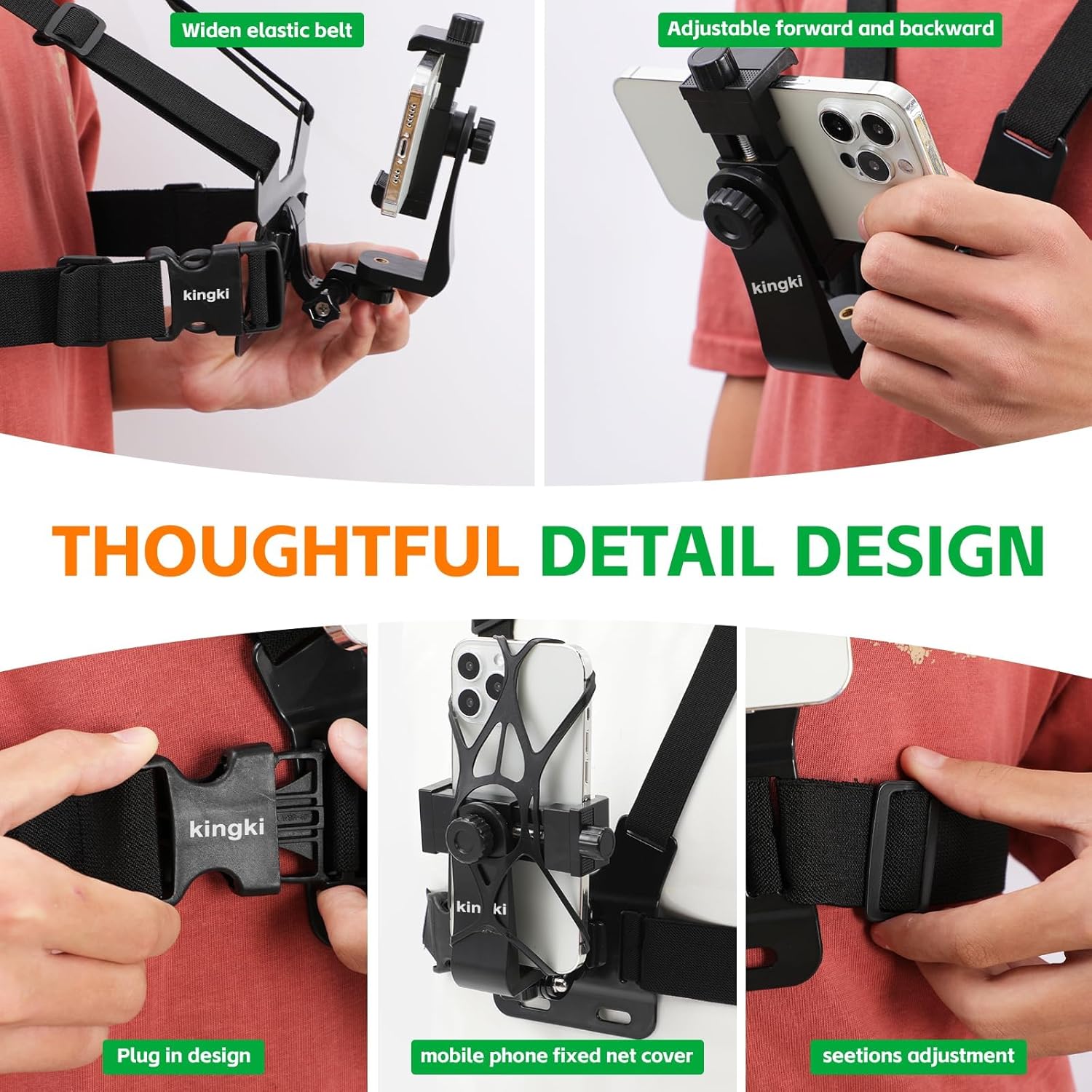 KINGKI Mobile Phone Chest Strap Harness Mount Head Strap Holder Kit for POV/VLOG,Cell Phone Clip Compatible with iPhone,Samsung,GoPro Hero 12, 11,10, 9, 8, AKASO,DJI Osmo,and Action Cameras…
