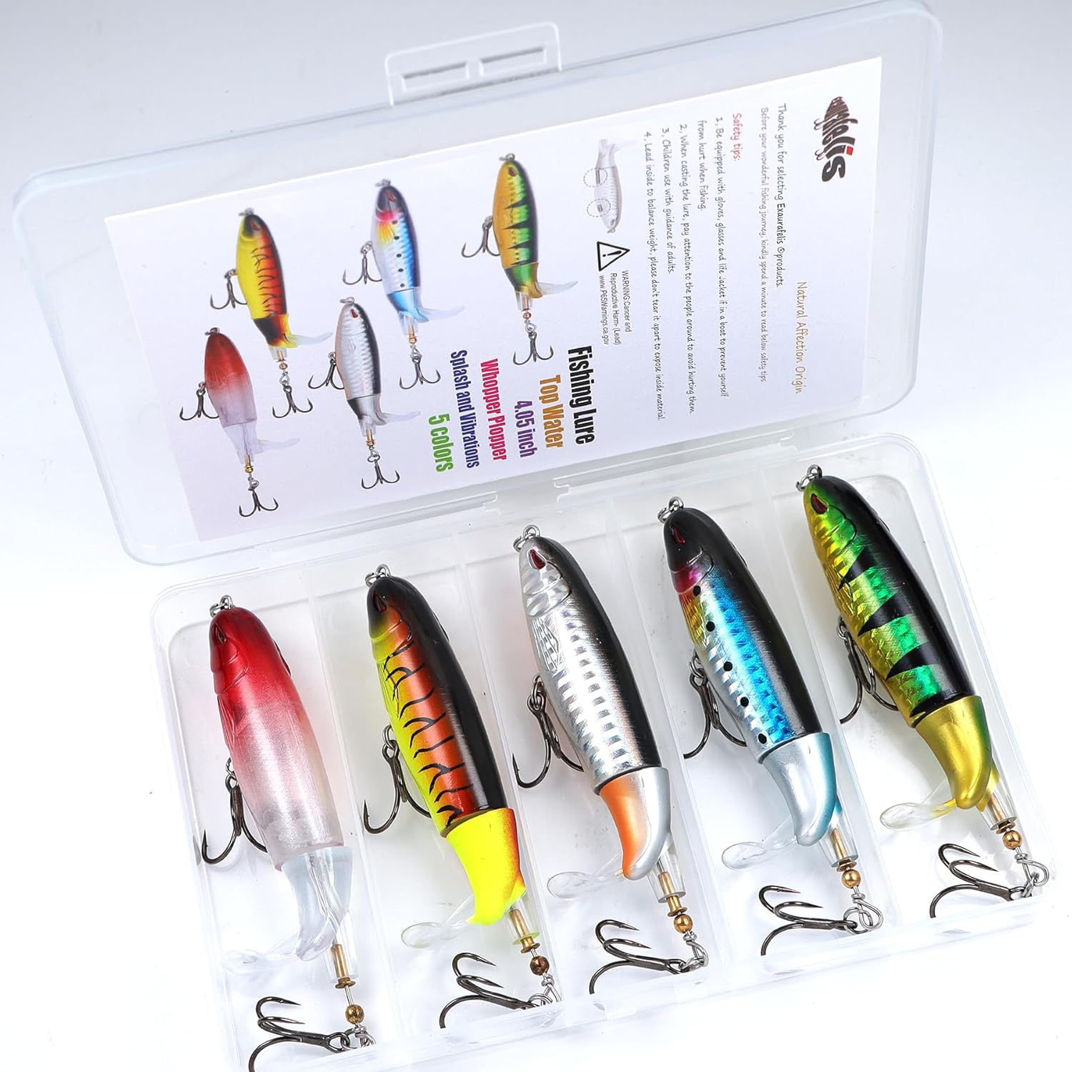 𝗘𝗫𝗔𝗨𝗥𝗔𝗙𝗘𝗟𝗜𝗦 5PCS Fishing Lures Whopper Plopper Lure WhopperLures Kit Plopping Bass Lure Floating Pencil BassBait Topwater Fishing Lures withTackle Box