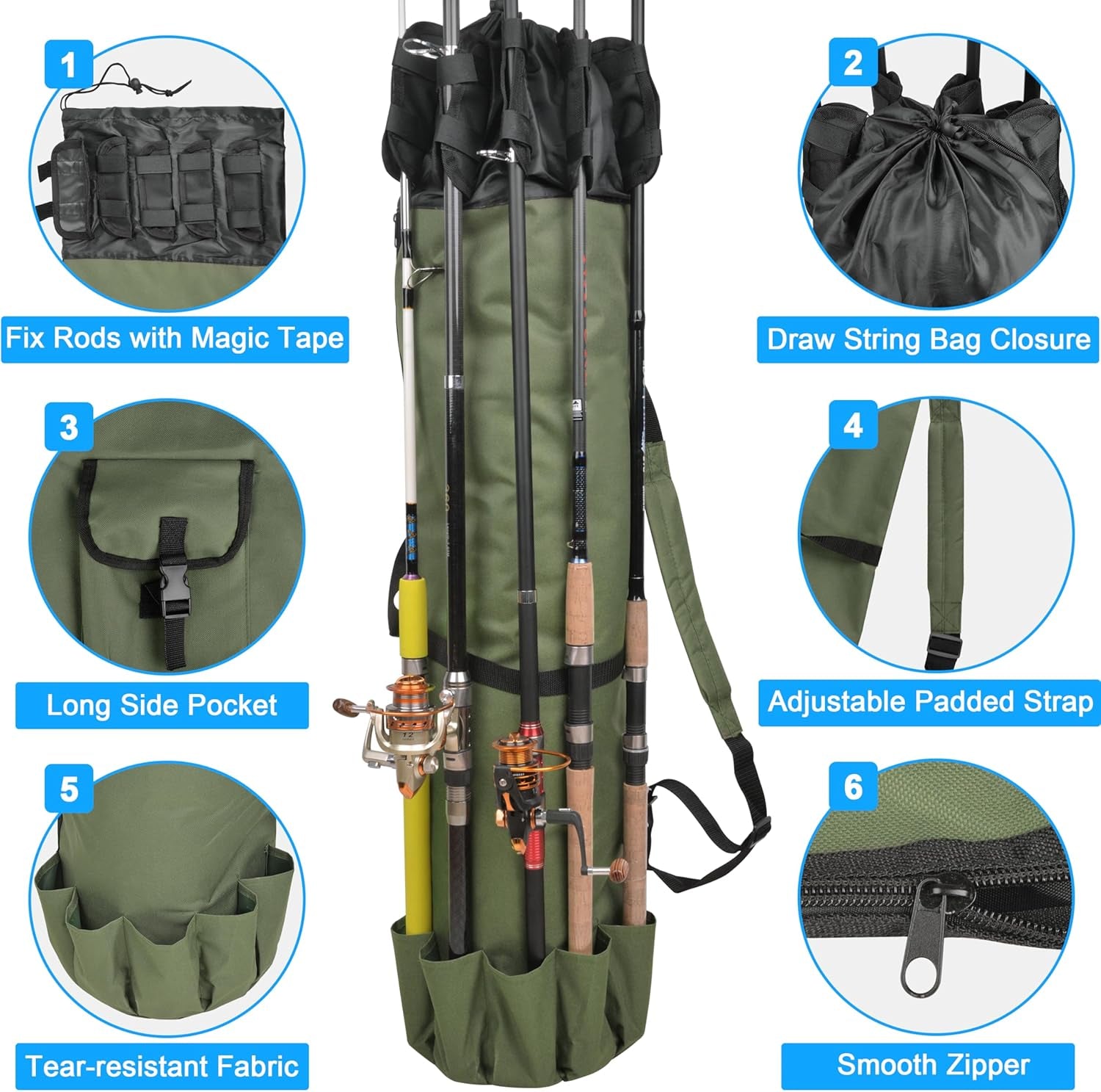 Fishing Rod Bag Pole Case, Portable Large Capacity Fishing Pole Carrier Case Oxford Waterproof Fishing Rod Organizer Travel Bag Fishing Gift for Men