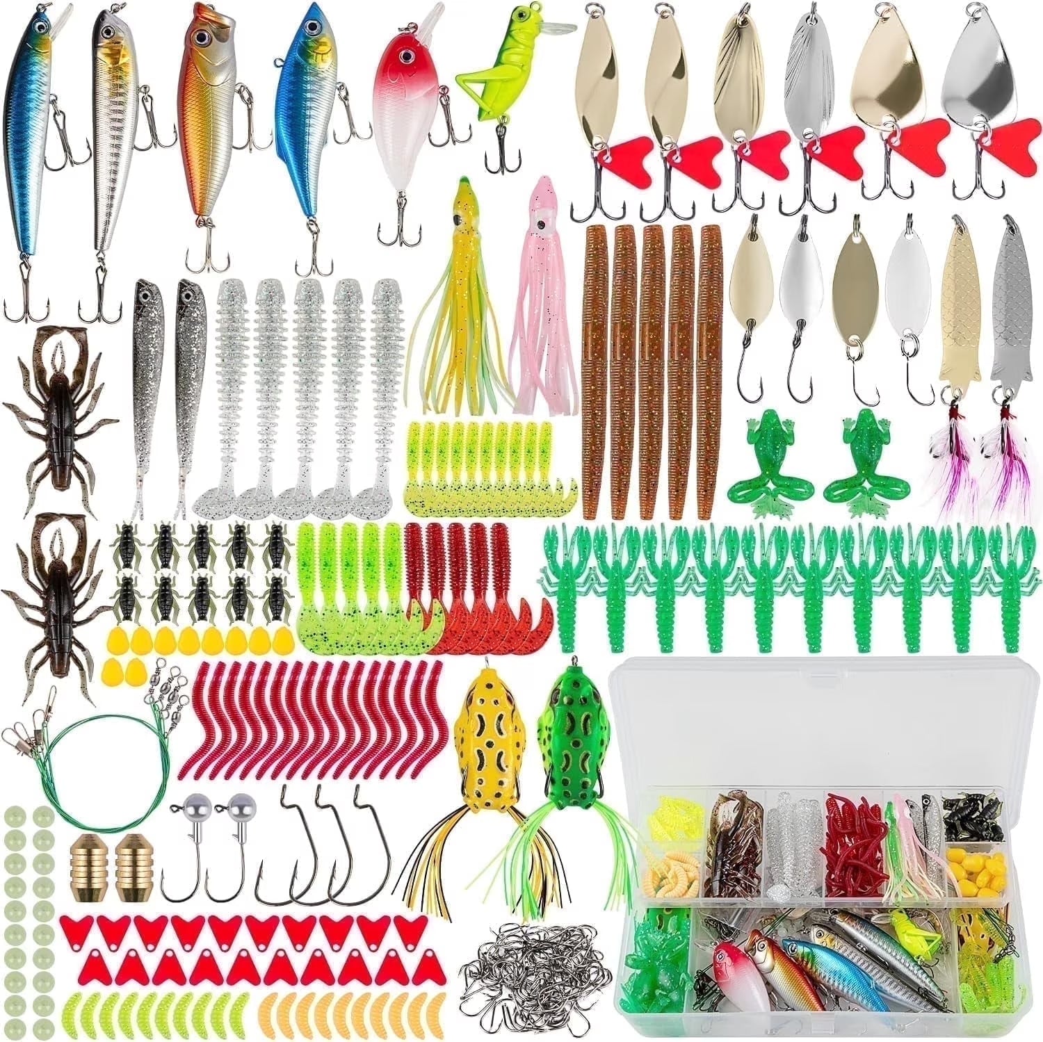 Fishing Lures 380Pcs Fishing Gear for Bass Trout Salmon Fishing Kit Tackle Box with Plugs Jigs Crankbaits Spoon Poppers Soft Plastics Worms and More Fishing Accessories Fishing Gifts for Men