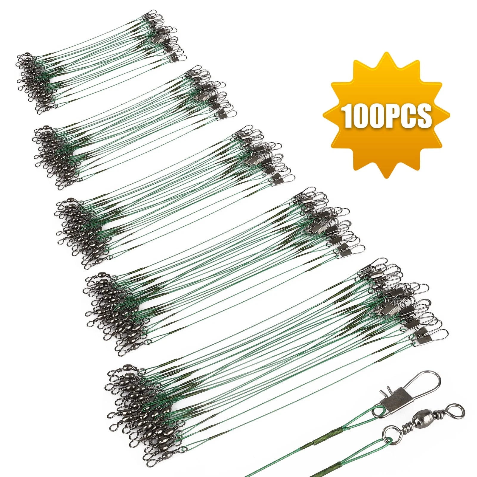 100PCS Stainless Steel Fishing Line Leaders,  Tooth Proof Heavy Duty Trace Fishing Leader Wire with Swivels and Snaps 14Kg Pull for Connect Tackle Lures Rig or Hooks (Green)
