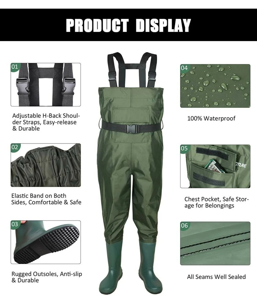 Nylon PVC Fishing Chest Waders Breathable Waterproof W/ Wading Boots Army Green