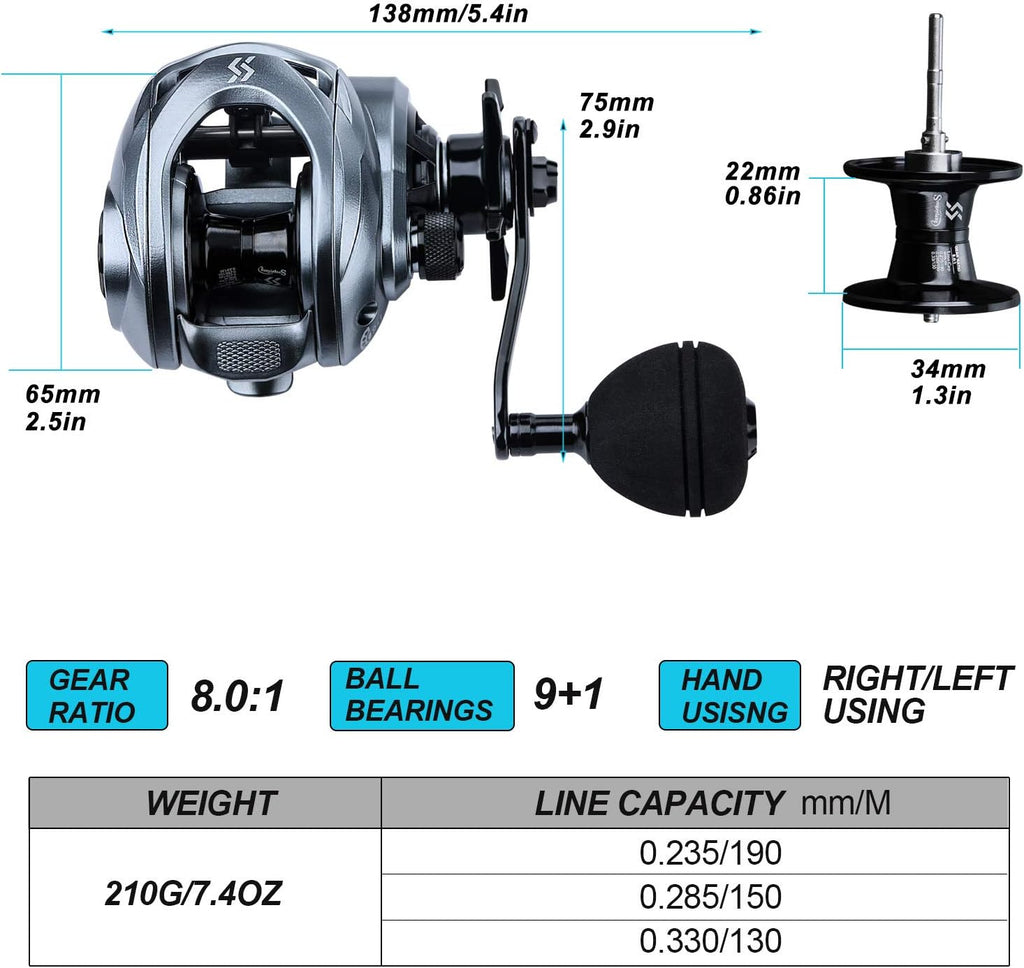 Baitcasting Fishing Reel High Speed Baitcaster with 9+1 Ball Bearings, Gear Ratio 8.0:1, Magnetic Brake System Power Handle Casting Reels
